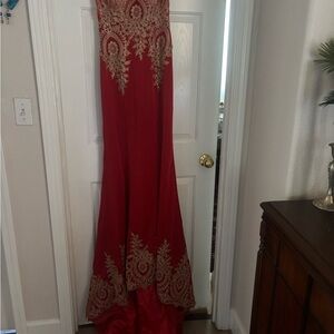 Elegant Red Gown with Gold Embroidery used one time